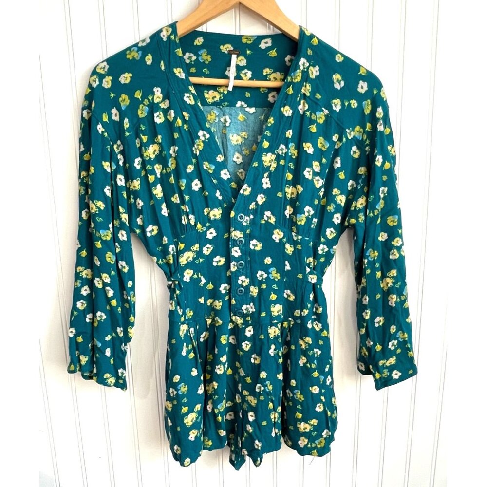 Free People O L'amour Romper Womens 2 Blue Green Floral Half Button Up Boho